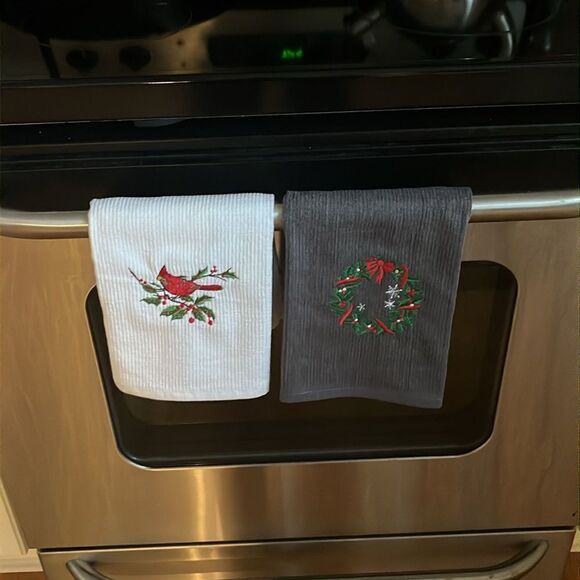 Set of (2) Christmas Cotton Kitchen Bar-mop White & Gray Towels Wreath Cardinal - Picture 5 of 5